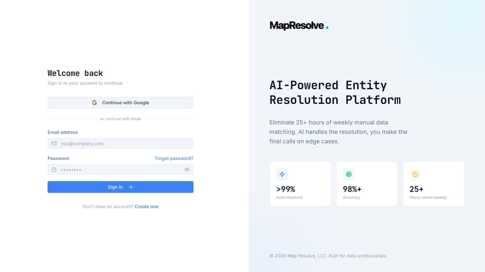 MapResolve — sign-in panel beside the AI-Powered Entity Resolution Platform marketing panel showing >99% auto-resolved, 98%+ accuracy, 25+ hours saved weekly